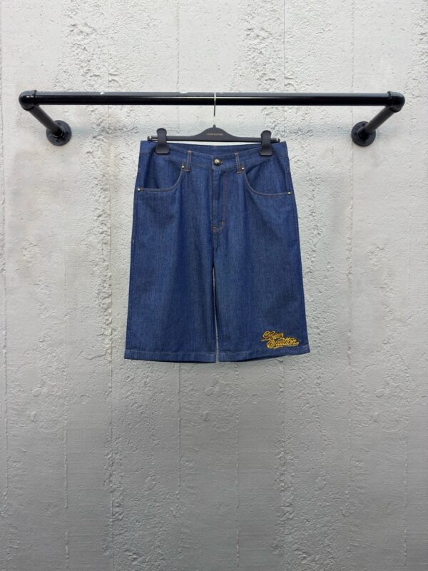 LOUIS VUITTON ROPE SIGNATURE LETTER-EMBROIDERED DENIM SHORTS