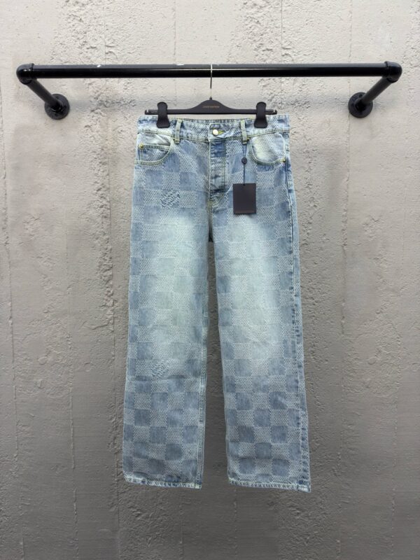 LOUIS VUITTON WIDE-LEG CHECKERBOARD DENIM TROUSERS